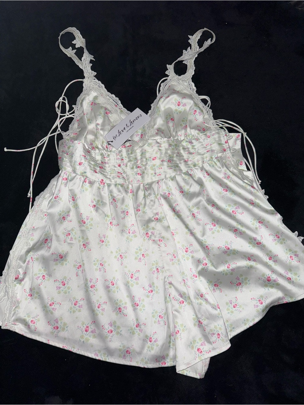 For love & lemons  White Satin Floral Lace-Trim Romper